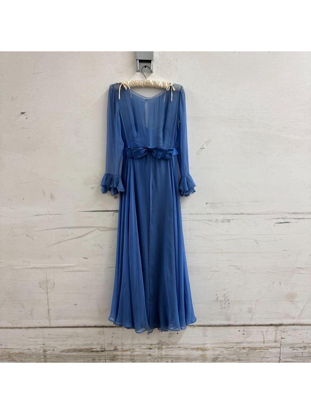 Vintage 60s 70s Helena Barbieri Cornflower Blue Belle Sleeve Gown As-Is